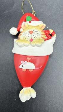 RAZ Imports Deb Strain Resin Cat Christmas Ornament Tabby Cat In Stocking -LO31